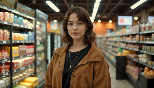 Shopper standing confidently in a grocery store aisle surrounded by products