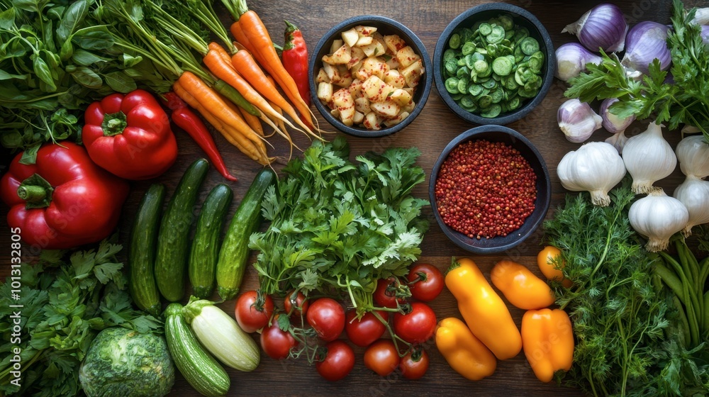A colorful array of fresh vegetables and herbs used in Korean cooking, beautifully arranged on a wooden table, showcasing the importance of fresh ingredients. A colorful array of fresh vegetables and herbs used in Korean cooking, beautifully arranged on a wooden table, showcasing the importance of fresh ingredients.