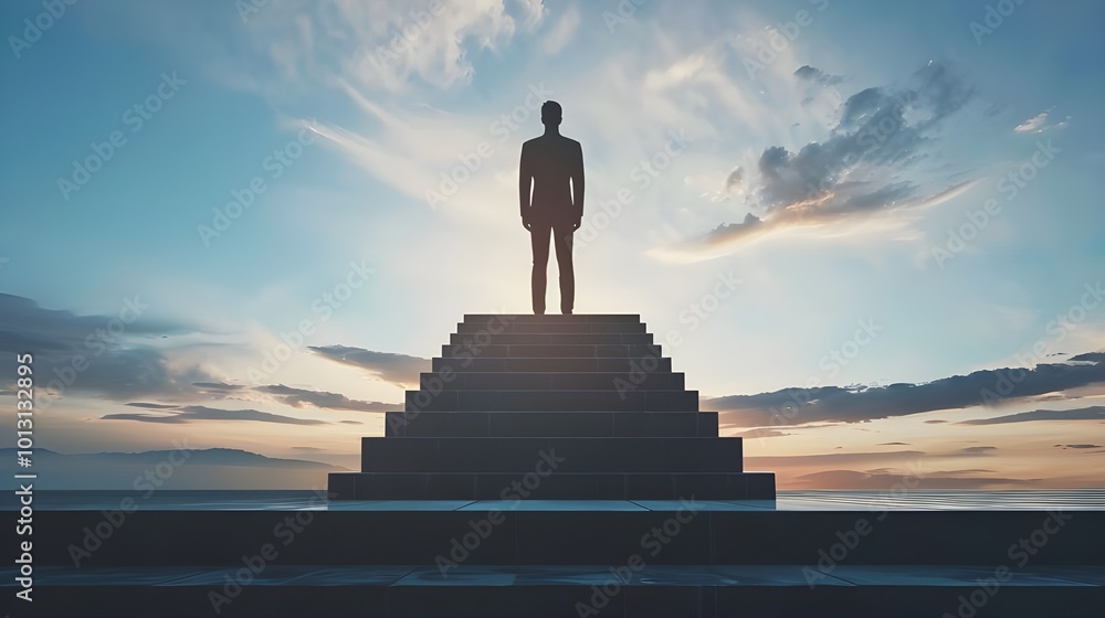 businessman standing on top of stairs, concept of Success, Achievement, Accomplishment, and Victory Path to Success businessman standing on top of stairs, concept of Success, Achievement, Accomplishment, and Victory Path to Success