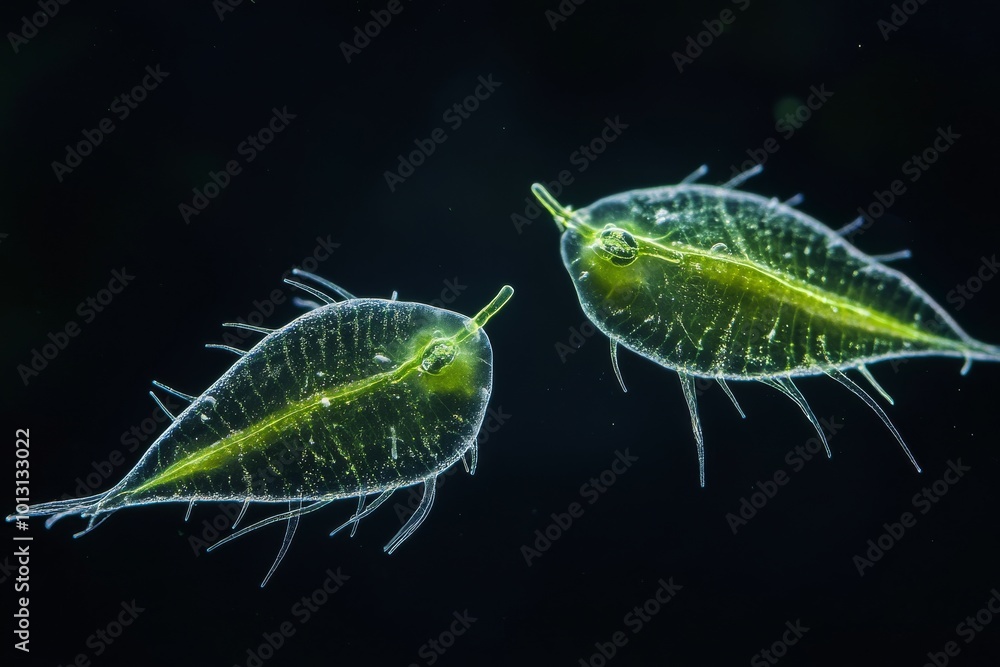 the beside view Cyanobacteria Phytoplankton, left side view, white copy space on right, Isolated on dark Background the beside view Cyanobacteria Phytoplankton, left side view, white copy space on right, Isolated on dark Background