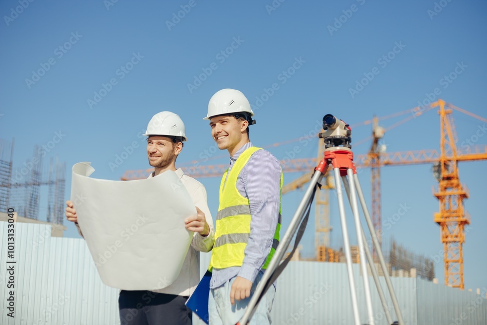 Team of building experts working with drawings with Surveyor level at new construction site