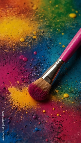 Vibrant makeup brushes over a splattered background. photo