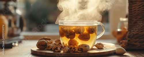 Steam rising from a cup of herbal tea with nuts, warm setting.