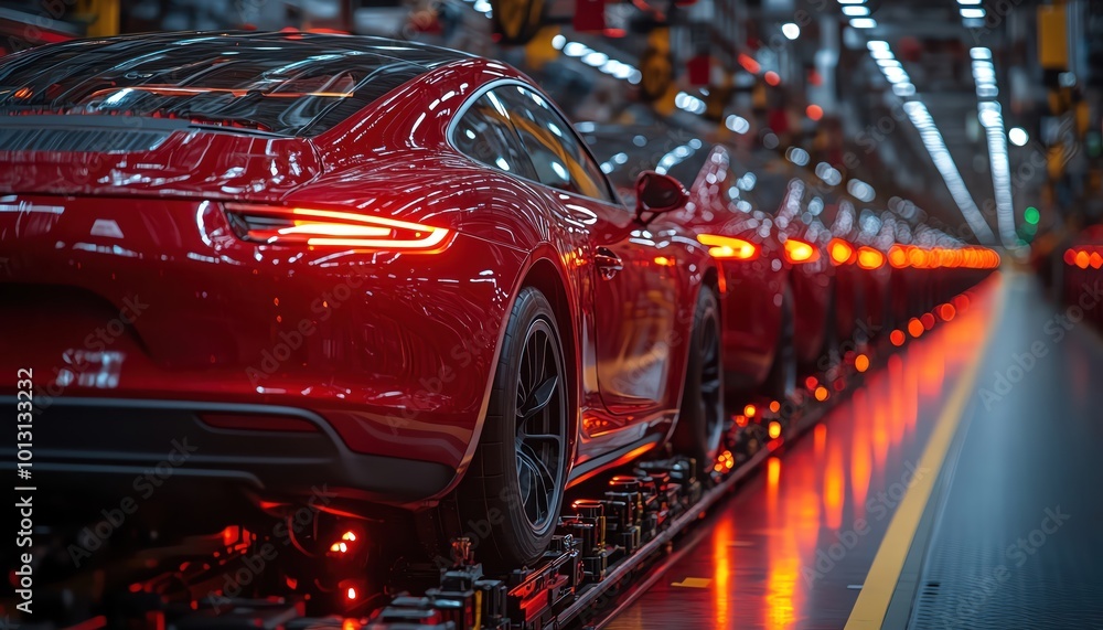 Red cars lined up on an automated factory floor, bright and vibrant lighting, clean reflections Red cars lined up on an automated factory floor, bright and vibrant lighting, clean reflections