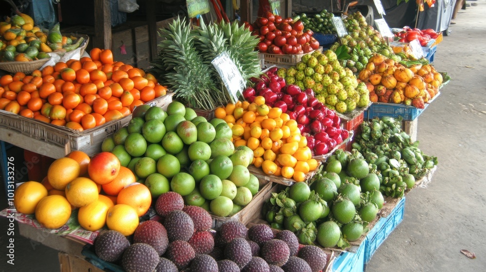 A colorful array of tropical fruits on display at a local market in Satun, showcasing the region's agricultural bounty. A colorful array of tropical fruits on display at a local market in Satun, showcasing the region's agricultural bounty.