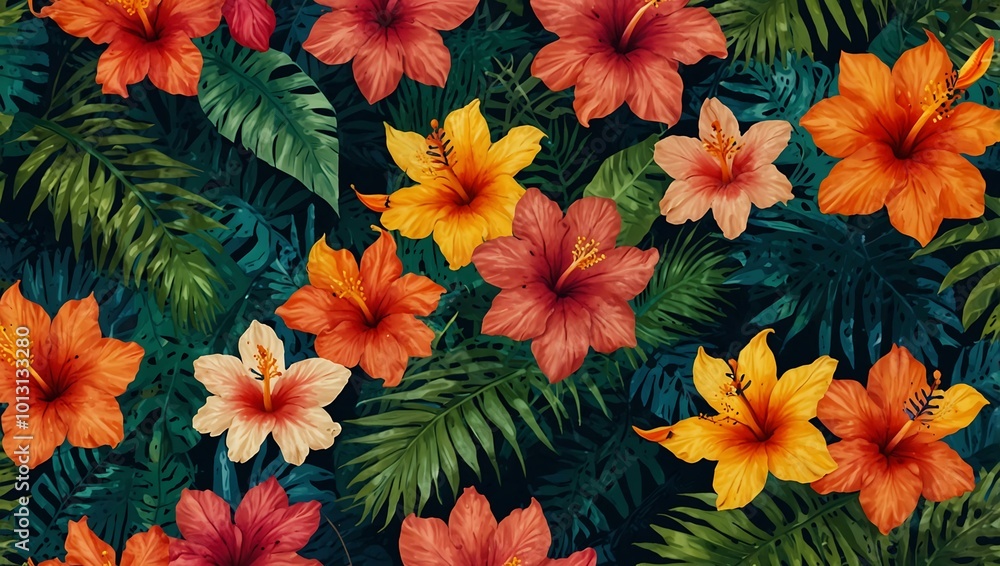 Vibrant pattern of tropical flowers and leaves. Vibrant pattern of tropical flowers and leaves.