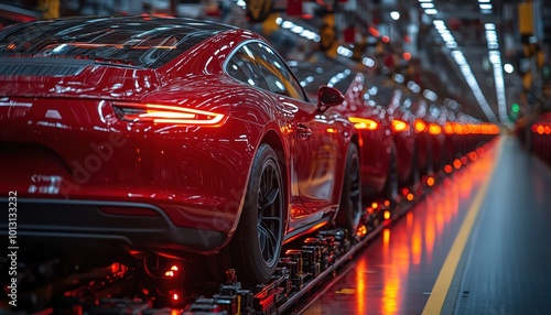 Wallpaper Mural Red cars lined up on an automated factory floor, bright and vibrant lighting, clean reflections Torontodigital.ca