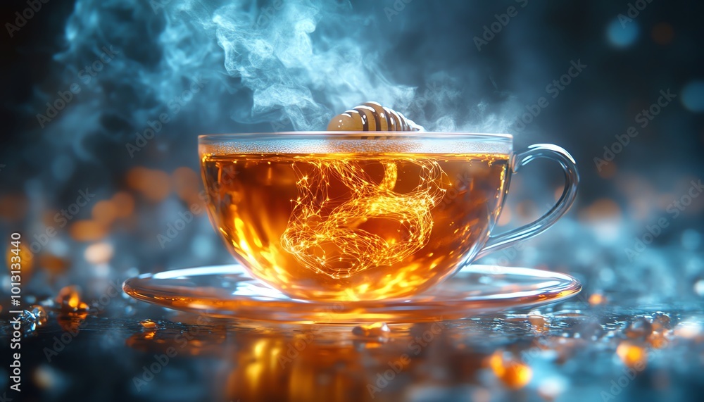 Tea cup with steam, warm beverage against dark background. Tea cup with steam, warm beverage against dark background.
