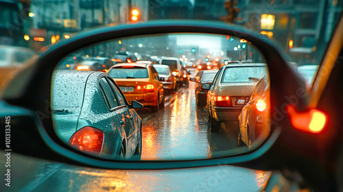 Evening traffic jam reflection in a car mirror during heavy rain on a busy city street with colorful traffic lights