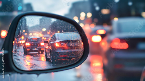 Rear view mirror reflection of a car in a busy city traffic jam during rainy weather with glistening lights and vehicles stuck in line