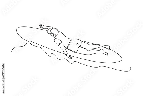 simple continuous line drawing of young man playing surfin on the sea. Holiday minimalist concept. Sea holiday, diving, simple line, vector. photo