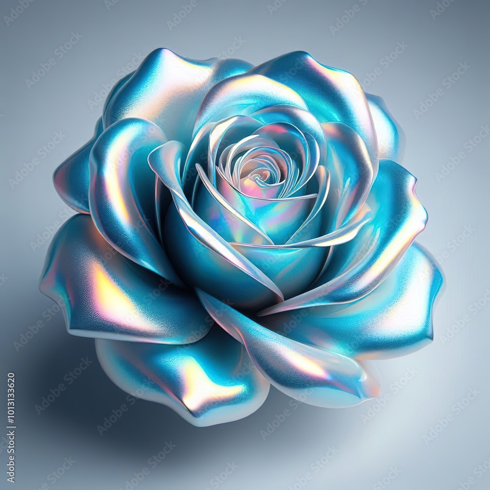 glowing metallic iridescent light blue rose on a white background glowing metallic iridescent light blue rose on a white background