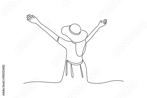 simple continuous line drawing of woman on holiday having a picnic on the beach. Holiday minimalist concept. Sea holiday, diving, simple line, vector.