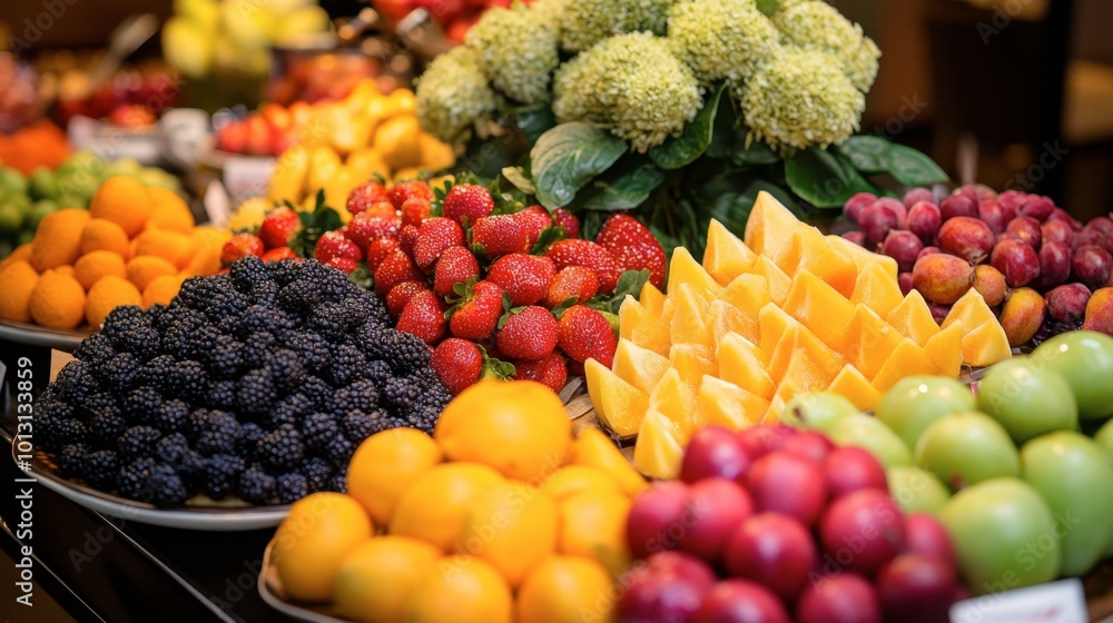 A colorful display of seasonal fruits served as a refreshing dessert, showcasing the natural sweetness and variety of produce available in Korea. A colorful display of seasonal fruits served as a refreshing dessert, showcasing the natural sweetness and variety of produce available in Korea.
