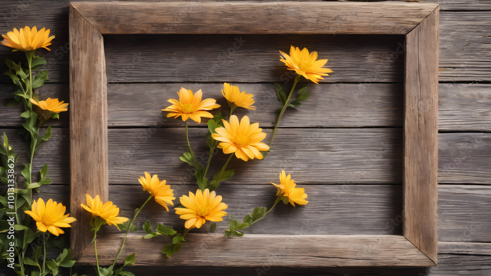 Obraz premium Fresh flowers with Frame on wooden background with with empty space for greeting message. Love and greeting concept design. AI generated image, ai
