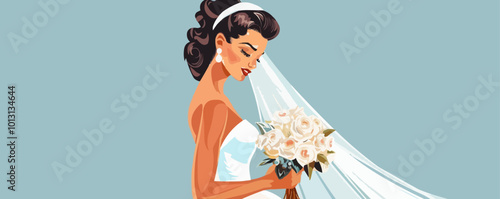 A woman is holding a bouquet of flowers and wearing a veil. The image has a vintage feel to it, with the woman dressed in a white wedding gown