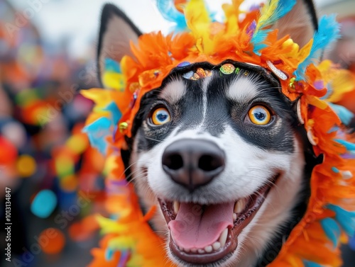 A cheerful husky adorned in a colorful feathered costume smiles widely, exuding joy and fun in a lively outdoor setting at a festive parade. photo