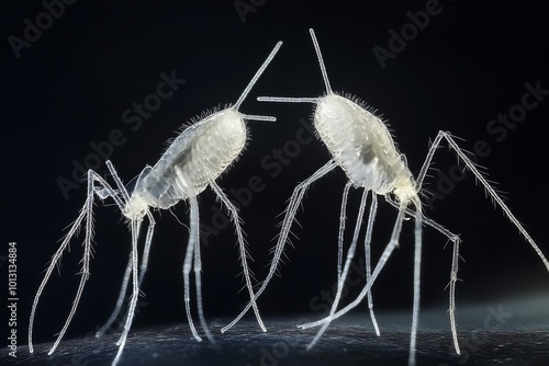 the beside view Phages of Heterotrophic Bacteria virioplankton, left side view, white copy space on right, Isolated on dark Background photo