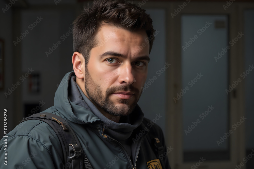 Confident young man in a jacket posing for a portrait with a serious expression
Confident young man in a jacket posing for a portrait with a serious expression