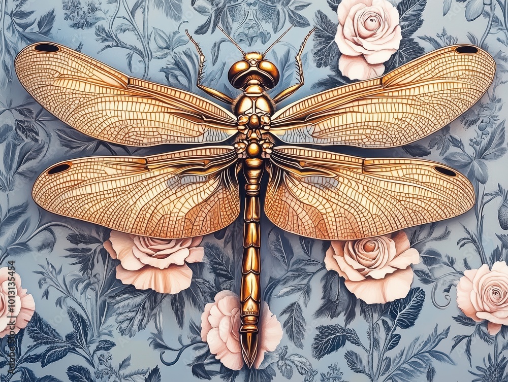 An intricate golden dragonfly placed on a floral background, with roses lending elegance and detail.