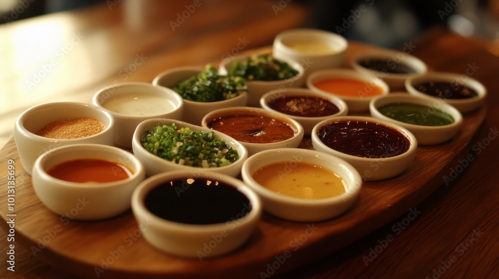 A delightful presentation of a variety of Korean dipping sauces, showcasing the different flavors used in traditional dishes, displayed on a wooden platter. A delightful presentation of a variety of Korean dipping sauces, showcasing the different flavors used in traditional dishes, displayed on a wooden platter.