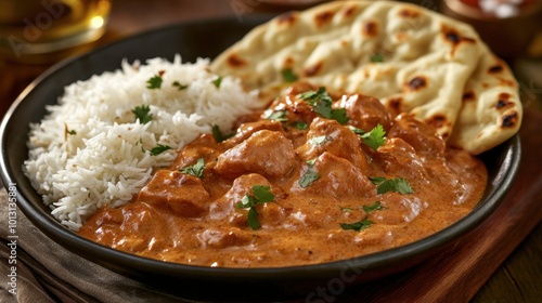 A delightful presentation of Indian butter chicken, served with naan and basmati rice, showcasing the rich and creamy flavors of this beloved dish.