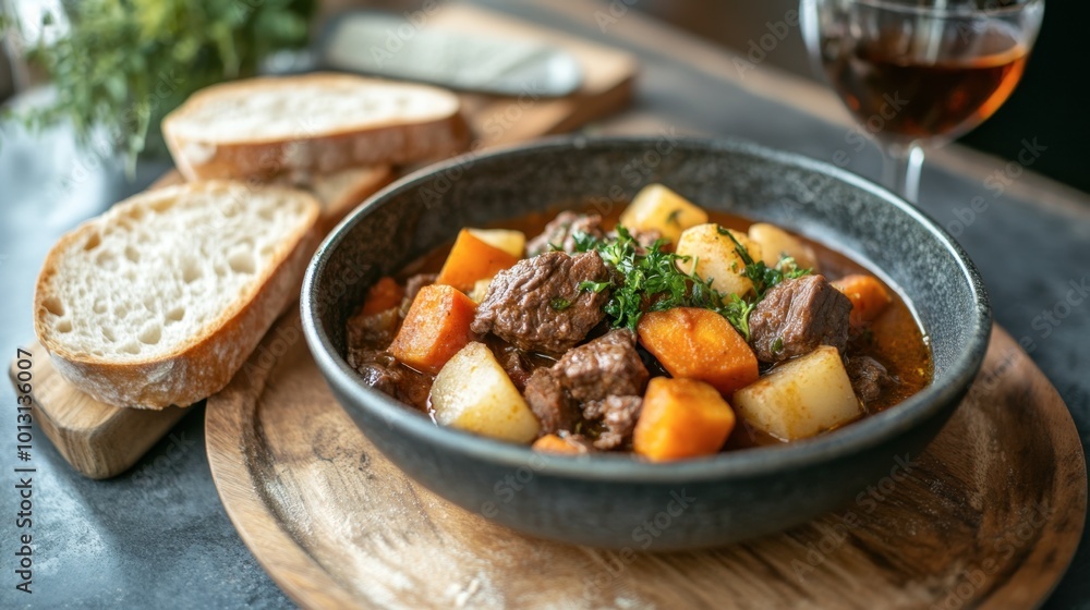 A hearty bowl of Hungarian goulash, with tender beef and vegetables simmered in paprika sauce, served with fresh bread for a comforting meal. A hearty bowl of Hungarian goulash, with tender beef and vegetables simmered in paprika sauce, served with fresh bread for a comforting meal.