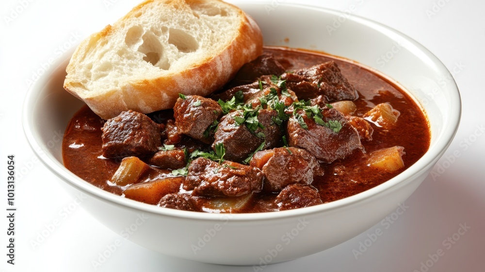 A hearty bowl of Hungarian goulash, with tender beef and vegetables simmered in paprika sauce, served with fresh bread for a comforting meal. A hearty bowl of Hungarian goulash, with tender beef and vegetables simmered in paprika sauce, served with fresh bread for a comforting meal.
