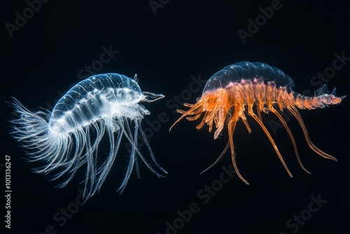 the beside view Ctenophores Zooplankton, left side view, white copy space on right, Isolated on dark Background photo