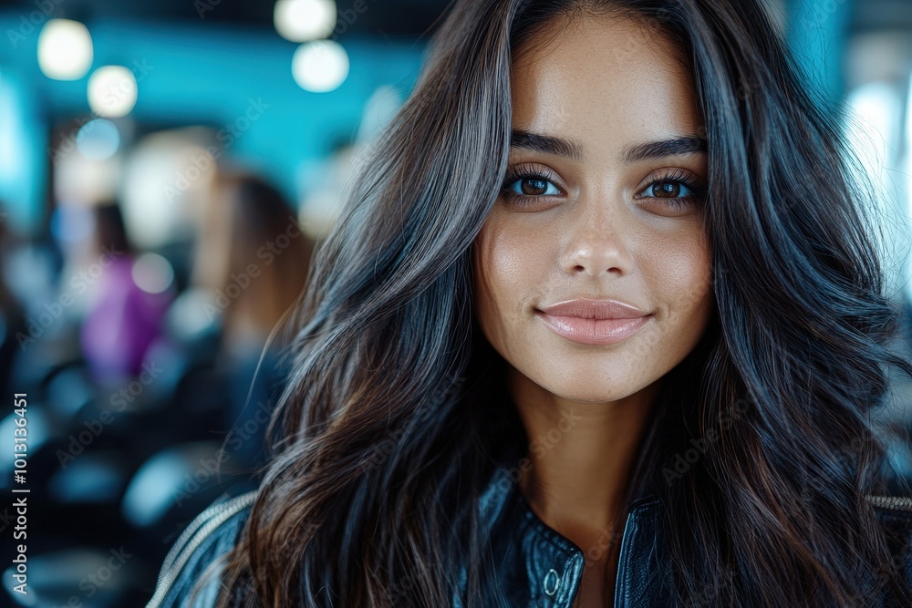 Obraz premium A confident woman with long dark hair is captured in an urban setting, smiling with poise and elegance, embodying youthful energy and modern city life.