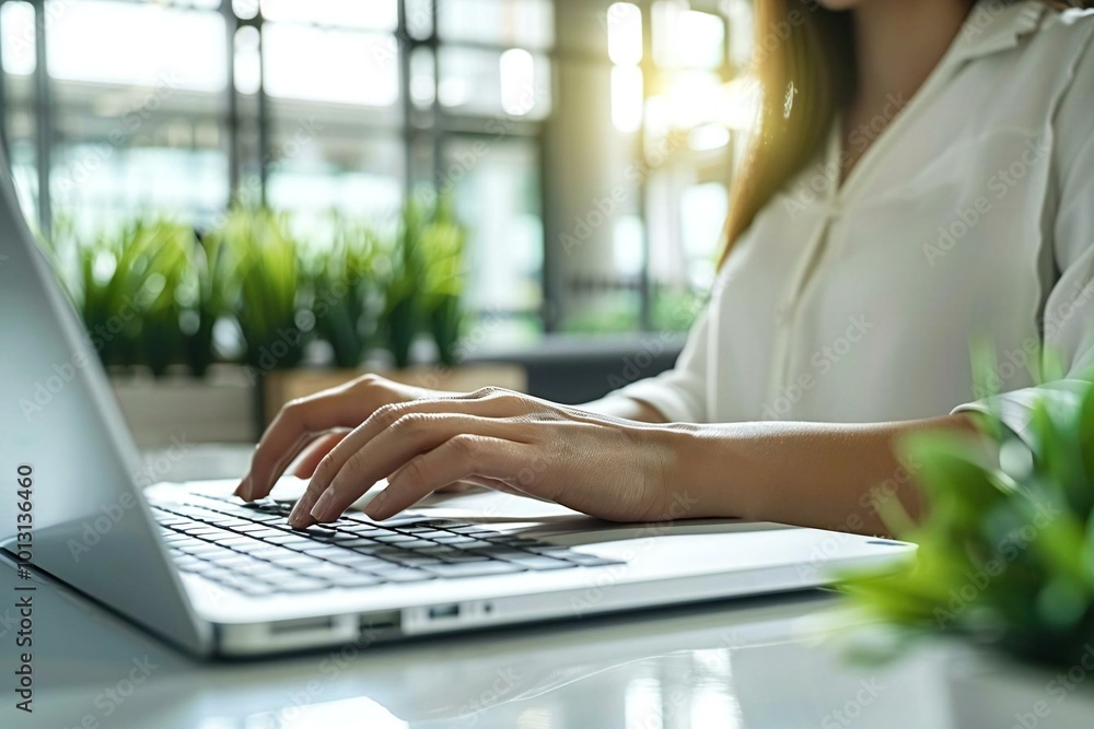 Close-up of a businesswoman using a laptop to chat on a social networking site in a modern office setting. Close-up of a businesswoman using a laptop to chat on a social networking site in a modern office setting.
