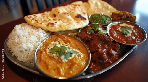 A mouthwatering platter of Indian curries, featuring a variety of colors and textures, served with naan bread and basmati rice, showcasing the diversity of Indian cuisine.