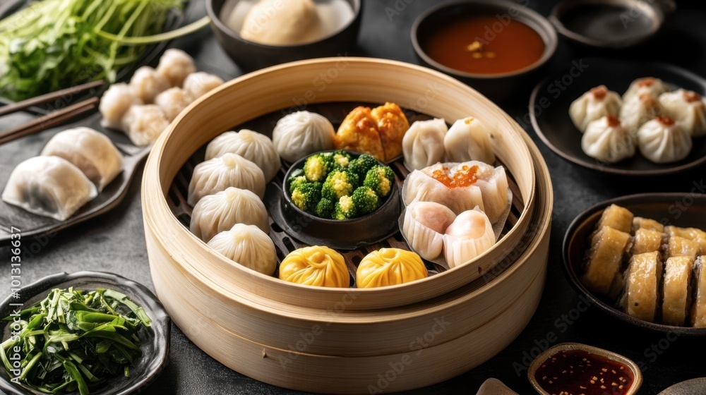 A mouthwatering serving of Chinese dim sum, featuring a variety of dumplings, buns, and rolls, beautifully arranged on a bamboo steamer. A mouthwatering serving of Chinese dim sum, featuring a variety of dumplings, buns, and rolls, beautifully arranged on a bamboo steamer.