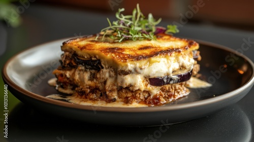 A mouthwatering serving of Greek moussaka, layered with eggplant, ground meat, and bchamel sauce, presented beautifully on a plate.