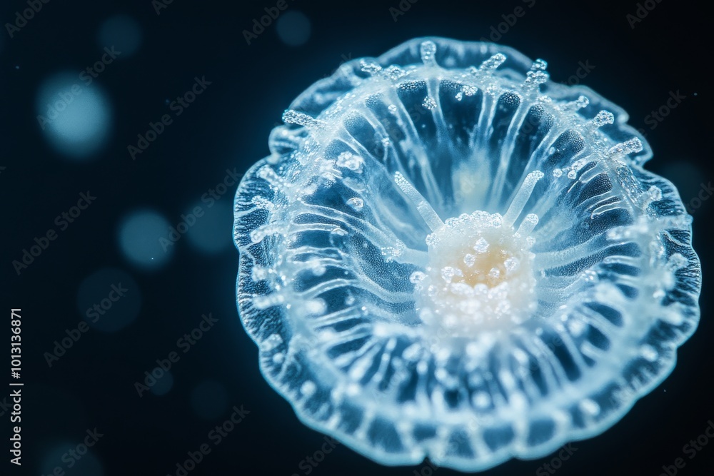 the beside view Coccolithophore Phytoplankton, left side view, white copy space on right, Isolated on dark Background the beside view Coccolithophore Phytoplankton, left side view, white copy space on right, Isolated on dark Background
