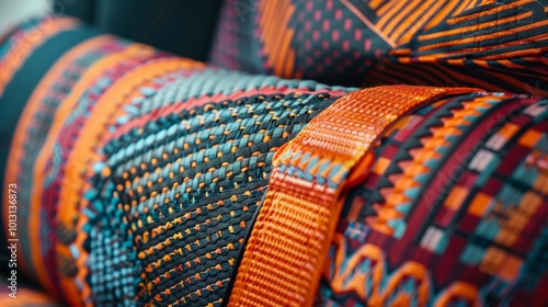 An upclose view of a seat belt s adorned with a bold pattern of stripes and geometric shapes. photo