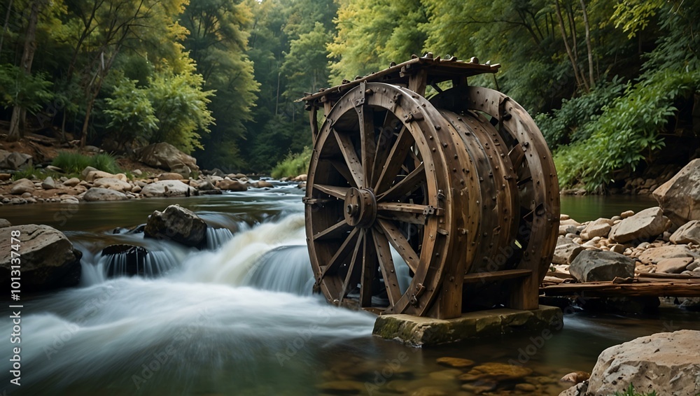Water wheel generating power from a flowing river. Water wheel generating power from a flowing river.