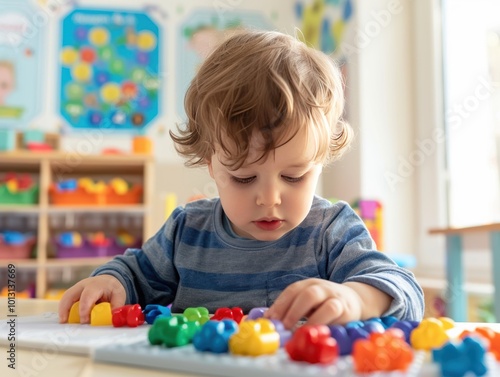 Young Child Engaged in Colorful Sorting Activity