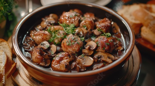 An elegant serving of French coq au vin, with tender chicken cooked in red wine, mushrooms, and herbs, presented with crusty bread for dipping.