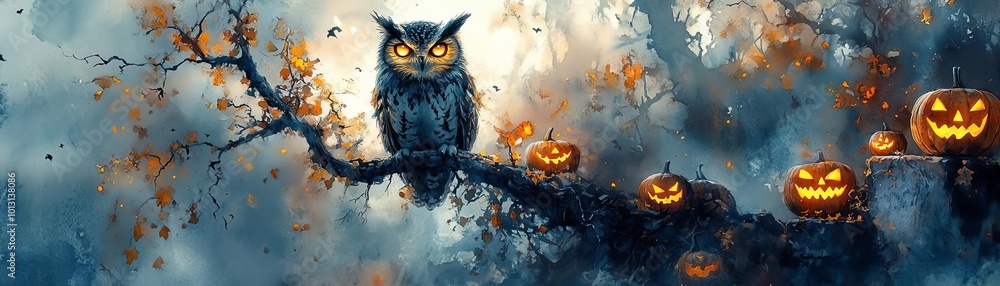 An owl with glowing eyes perched on a tree branch in a foggy graveyard, surrounded by eerie jackolanterns, perfect for Halloween promotional space An owl with glowing eyes perched on a tree branch in a foggy graveyard, surrounded by eerie jackolanterns, perfect for Halloween promotional space