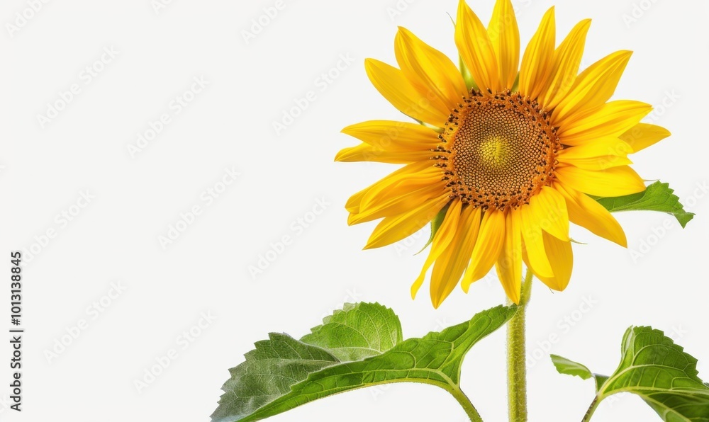 Fototapeta premium Bright yellow sunflower, white background, 4K hyperrealistic photo