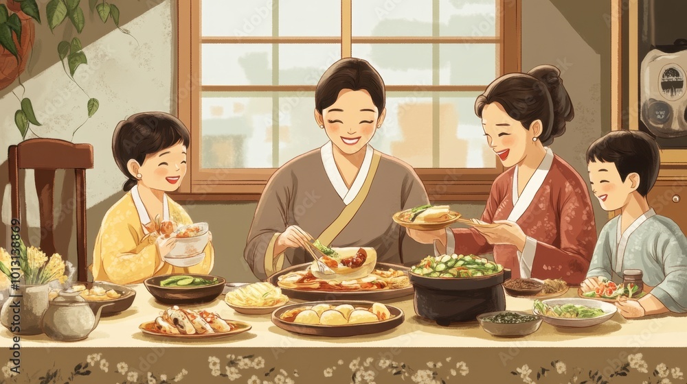A picturesque view of a family enjoying a traditional Korean meal together, emphasizing the importance of food in bringing people together. A picturesque view of a family enjoying a traditional Korean meal together, emphasizing the importance of food in bringing people together.