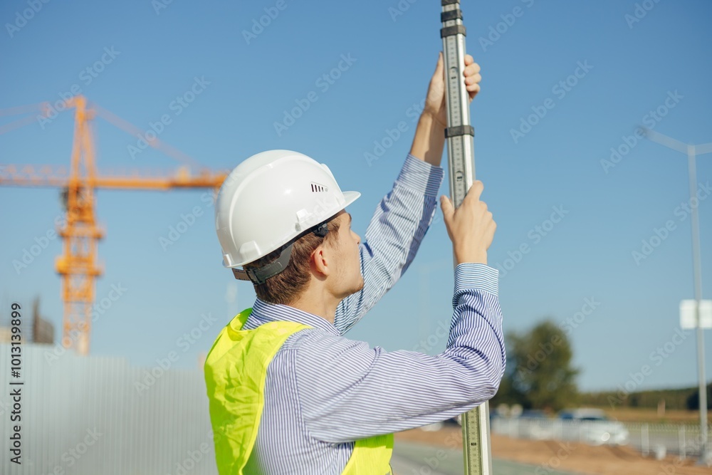Worker is unfolding leveling rod on construction site. Worker is unfolding leveling rod on construction site.