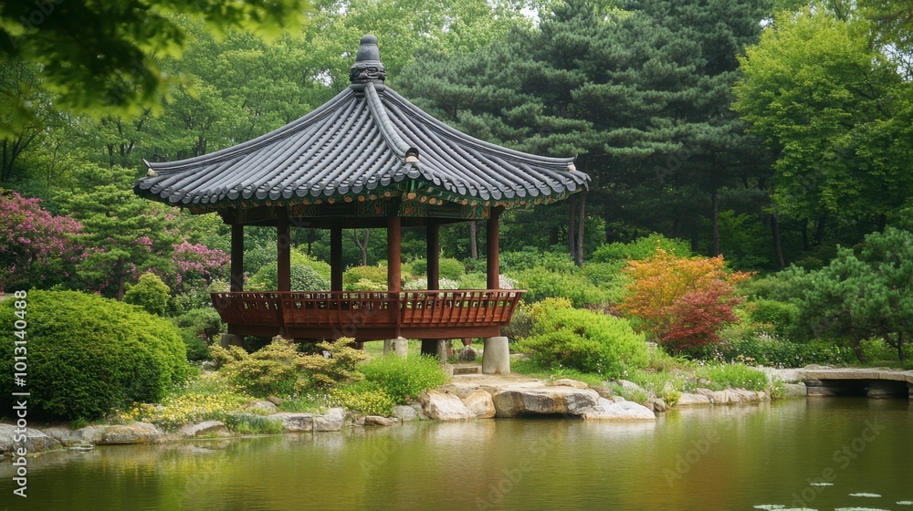 A serene view of a Korean garden with a traditional pavilion, providing the perfect backdrop for enjoying tea and traditional snacks. A serene view of a Korean garden with a traditional pavilion, providing the perfect backdrop for enjoying tea and traditional snacks.