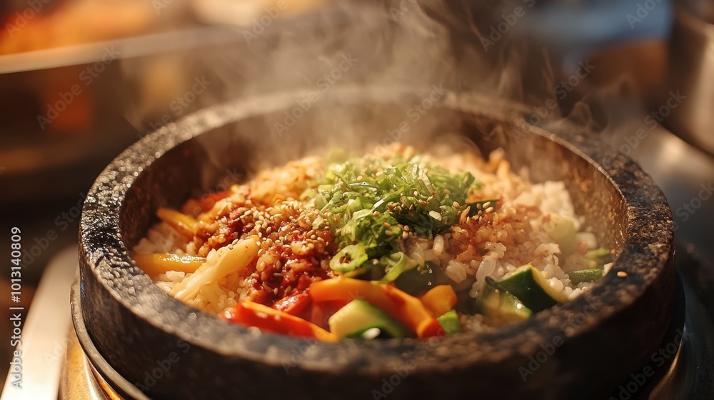 A sizzling hot stone bowl of dolsot bibimbap, with rice and vegetables sizzling and browning at the edges, highlighting the traditional cooking method. A sizzling hot stone bowl of dolsot bibimbap, with rice and vegetables sizzling and browning at the edges, highlighting the traditional cooking method.