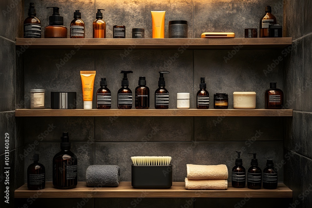 Body grooming kit on bathroom shelf Body grooming kit on bathroom shelf