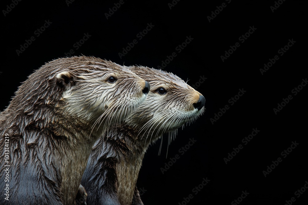 Fototapeta premium the beside view Sea Otters, left side view, white copy space on right, Isolated on dark Background