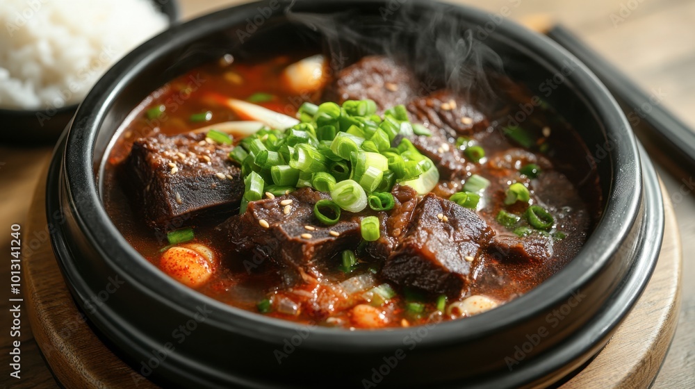 A steaming bowl of galbitang (beef short rib soup), garnished with green onions and served with a side of rice, symbolizing comfort and warmth. A steaming bowl of galbitang (beef short rib soup), garnished with green onions and served with a side of rice, symbolizing comfort and warmth.