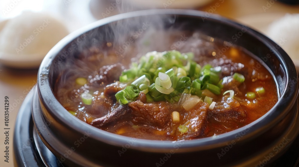 A steaming bowl of galbitang (beef short rib soup), garnished with green onions and served with a side of rice, symbolizing comfort and warmth. A steaming bowl of galbitang (beef short rib soup), garnished with green onions and served with a side of rice, symbolizing comfort and warmth.