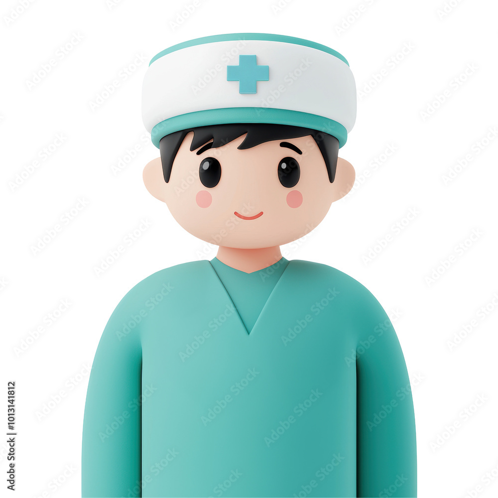 3D illustration of a cute male nurse wearing a teal uniform and a nurse hat with a cross symbol. Cheerful expression, ideal for medical or healthcare designs. Isolated on transparent background, png. 3D illustration of a cute male nurse wearing a teal uniform and a nurse hat with a cross symbol. Cheerful expression, ideal for medical or healthcare designs. Isolated on transparent background, png.